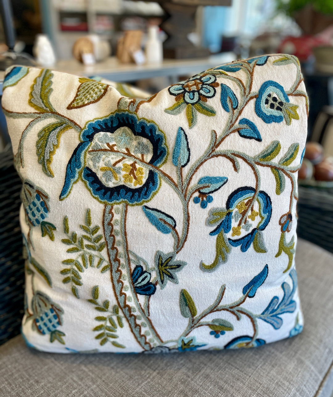 Custom 22" x 22" Pillow made from a Vintage Textile, Wool Crewel on Cotton
