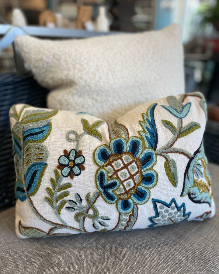 Custom 12” x 18” Pillow made from a Vintage Textile, Wool Crewel on Cotton