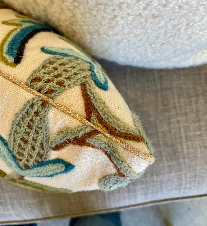 Custom 12” x 18” Pillow made from a Vintage Textile, Wool Crewel on Cotton