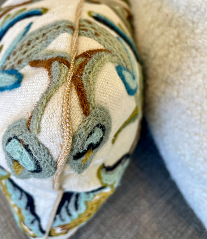 Custom 12” x 18” Pillow made from a Vintage Textile, Wool Crewel on Cotton