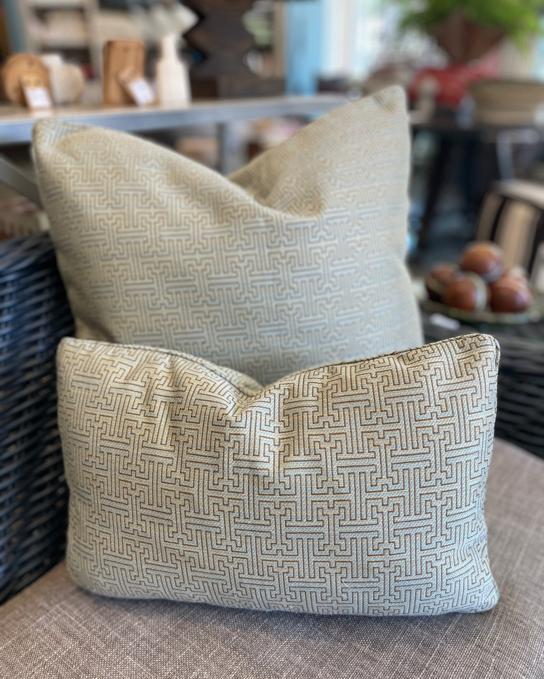 Custom 12" x 18" Pillow made from Designer Blue/Green Fabric w/Maze Pattern