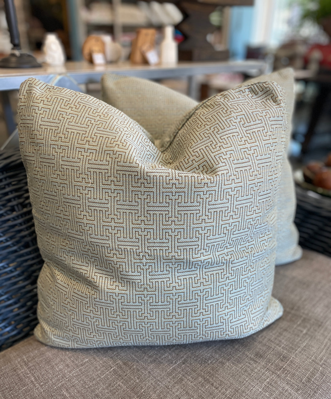 Custom 20" x 20" Pillow made from Designer Blue/Green Fabric w/Maze Pattern