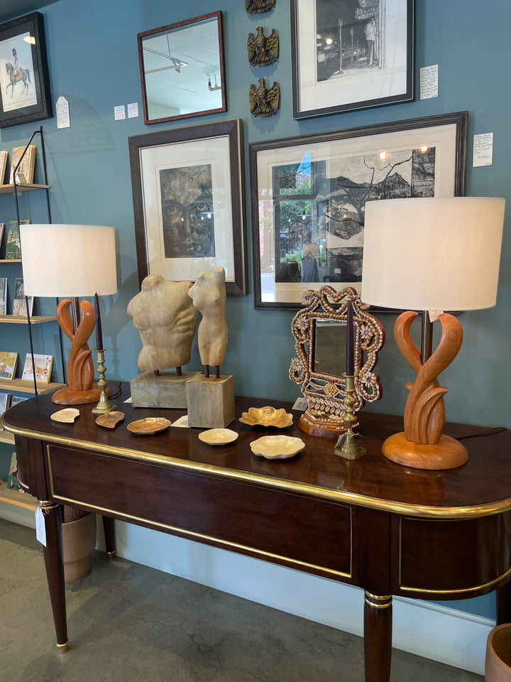 Mid-Century Sculptural Wood Lamps with Brass Neck | Pair