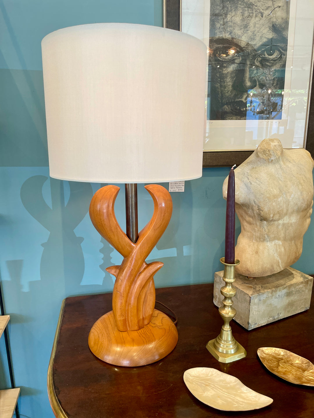 Mid-Century Sculptural Wood Lamps with Brass Neck | Pair