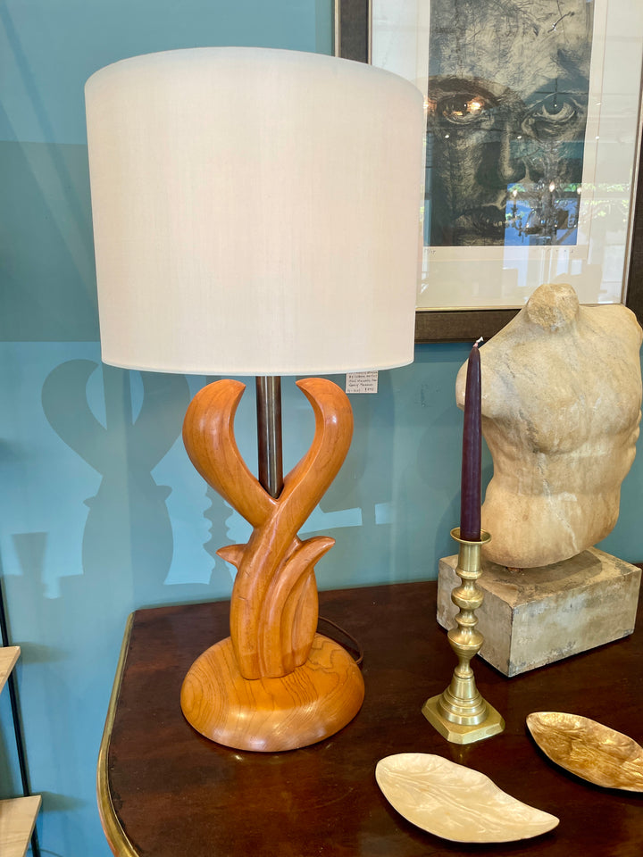 Mid-Century Sculptural Wood Lamps with Brass Neck | Pair