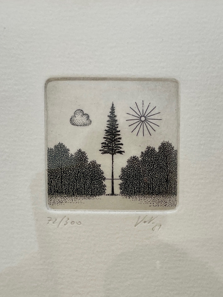 Tiny Vintage Etching of Sunshine by German Artist Volker Kuhn