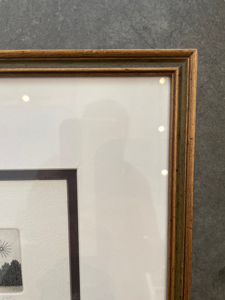 Tiny Vintage Etching of Sunshine by German Artist Volker Kuhn