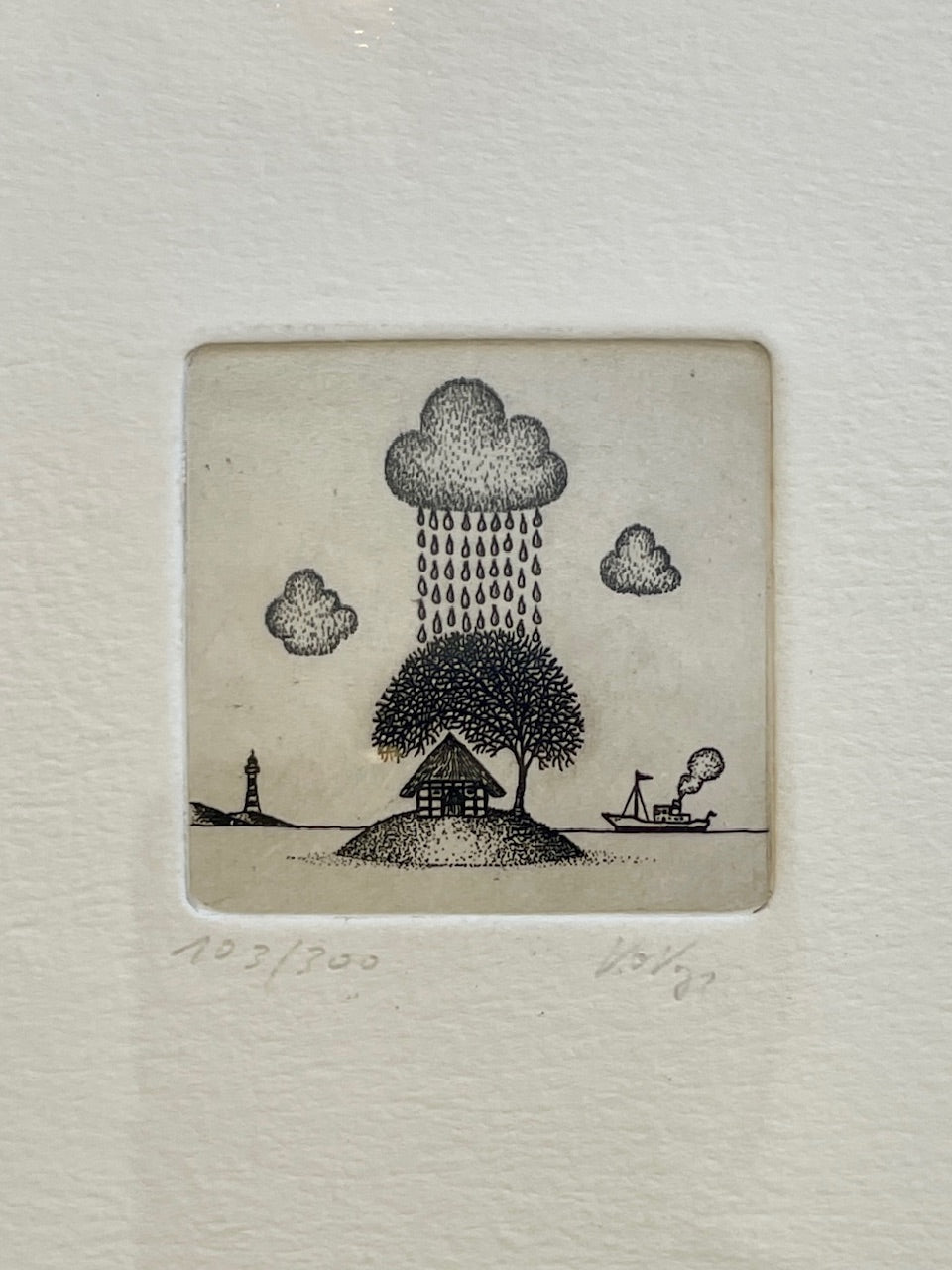 Tiny Vintage Etching of Rain Cloud by German Artist Volker Kuhn
