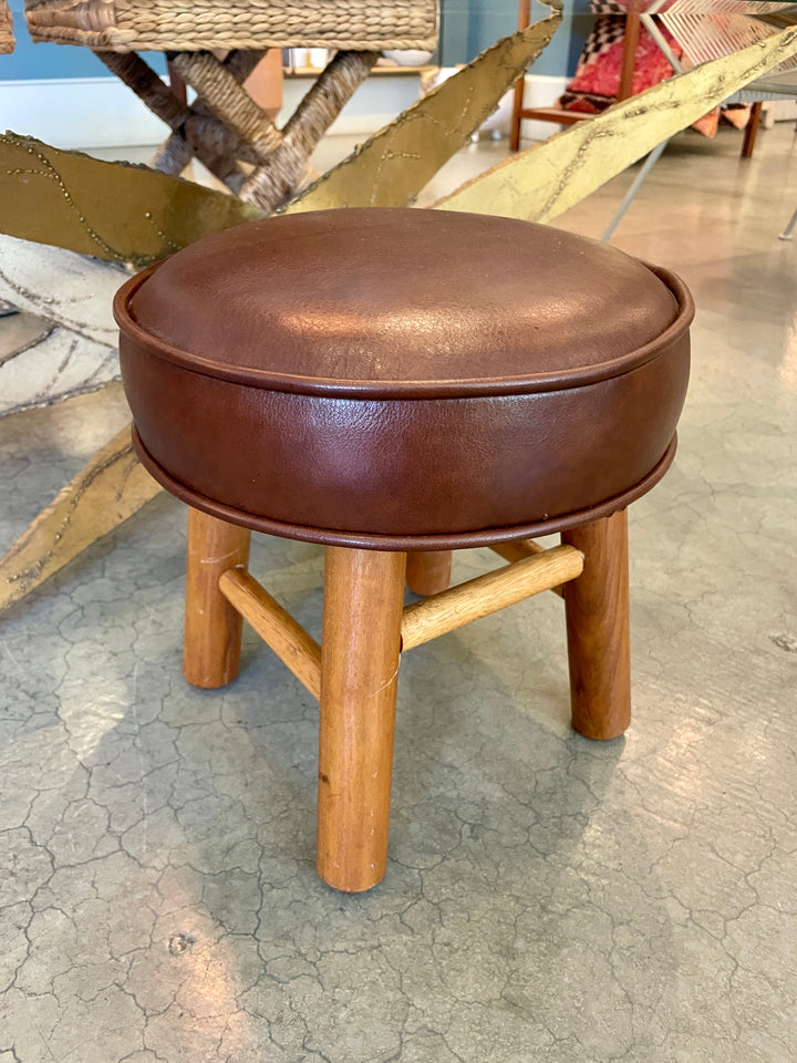 Small Vintage Footstool, Newly Upholstered in Brown Leather