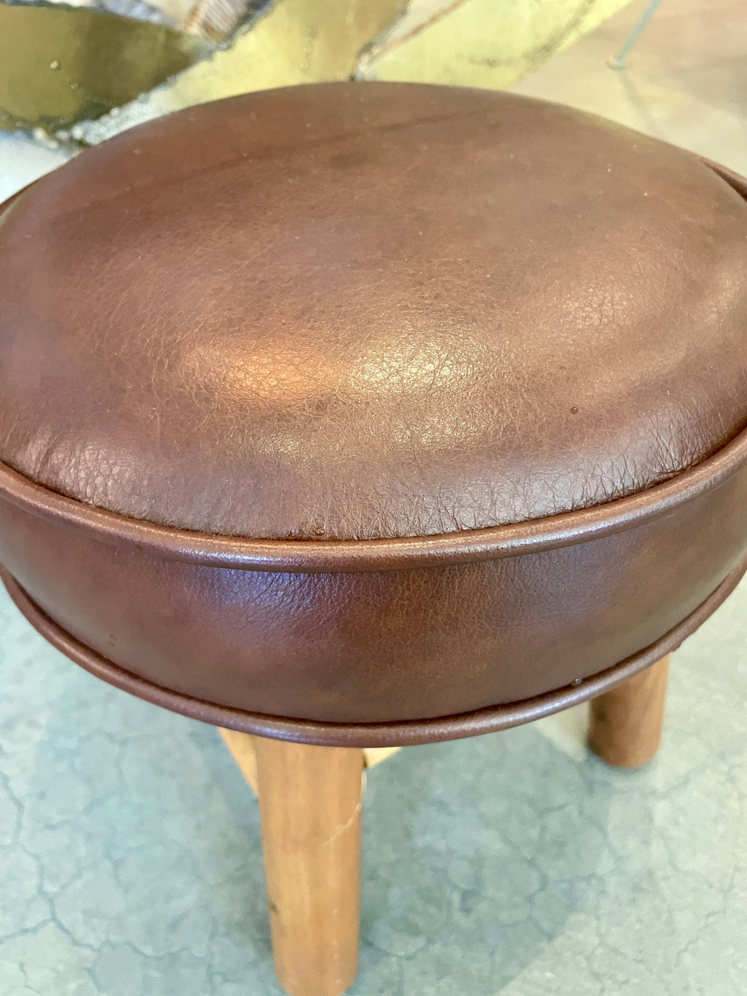 Small Vintage Footstool, Newly Upholstered in Brown Leather
