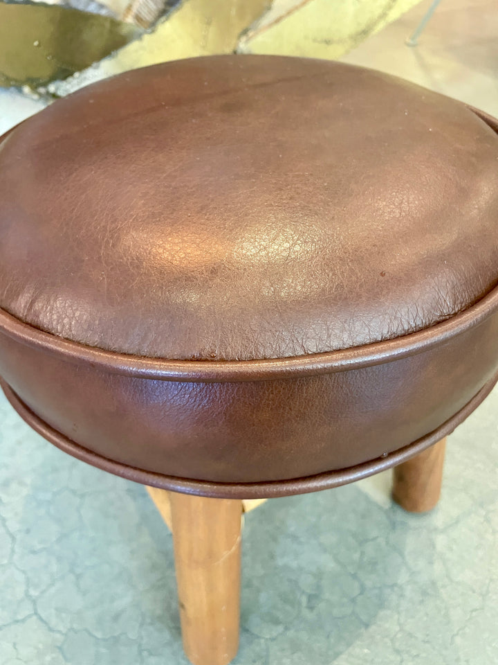 Small Vintage Footstool, Newly Upholstered in Brown Leather