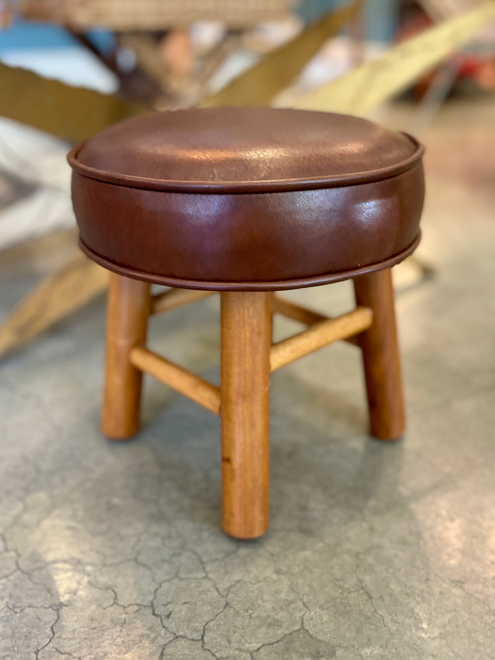 Small Vintage Footstool, Newly Upholstered in Brown Leather