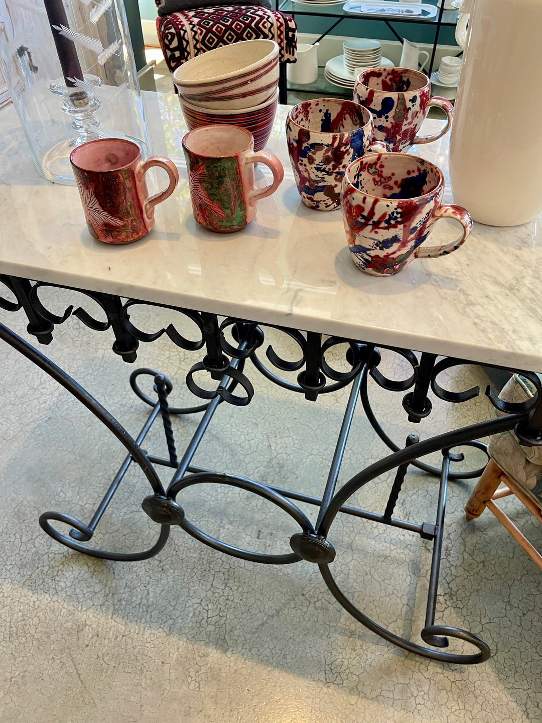 Vintage French Pastry Table w/Iron Base + New Marble Top
