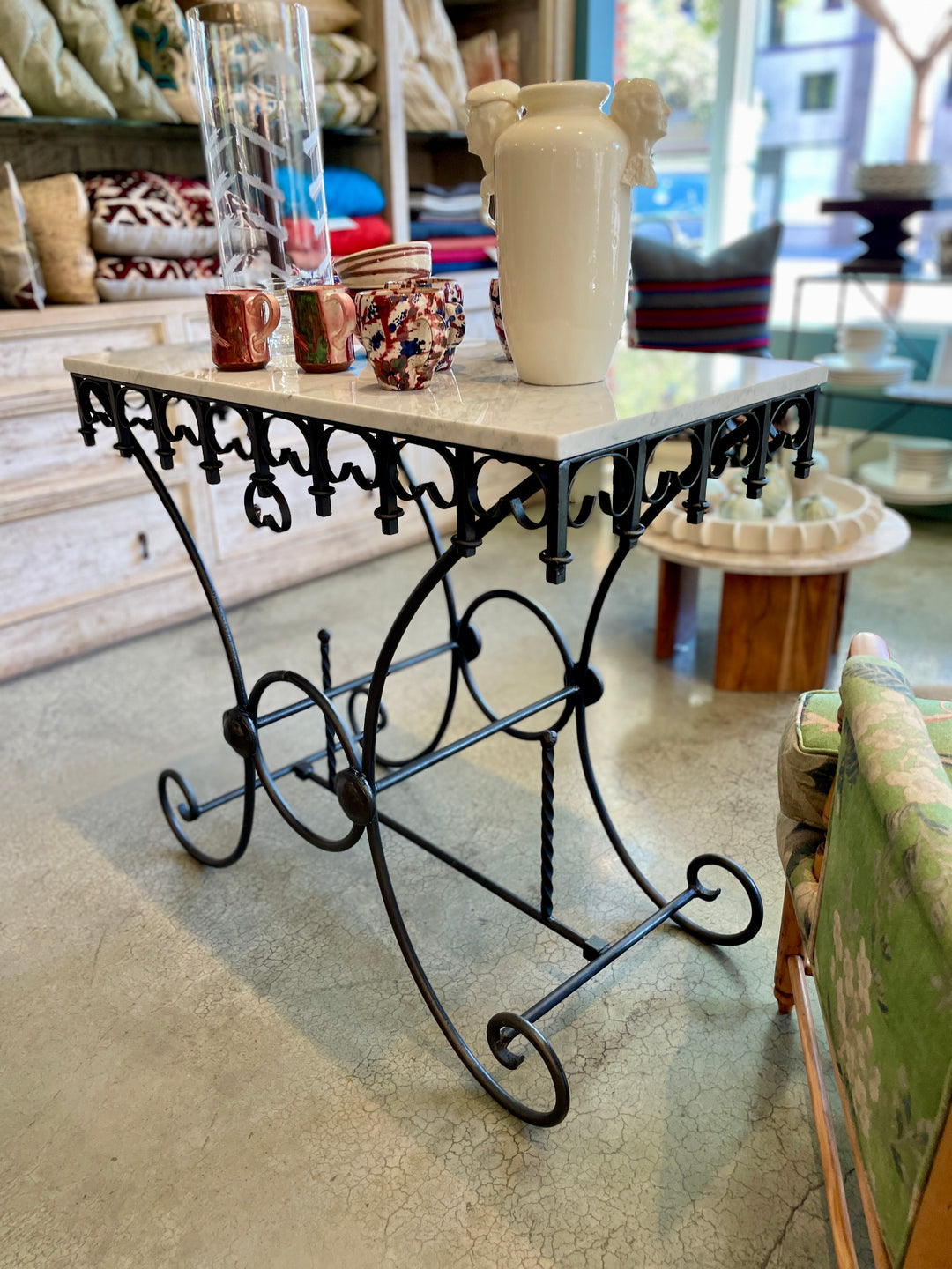 Vintage French Pastry Table w/Iron Base + New Marble Top