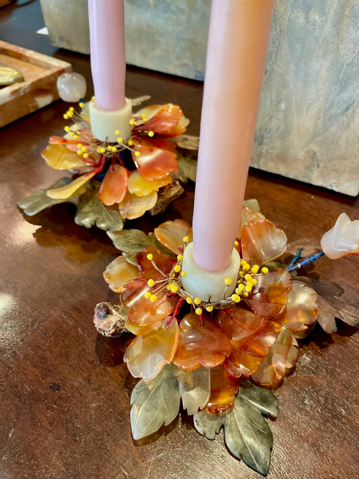 Vintage Carved Jade + Agate Flower Candle Holders w/ Wood Stems | Pair