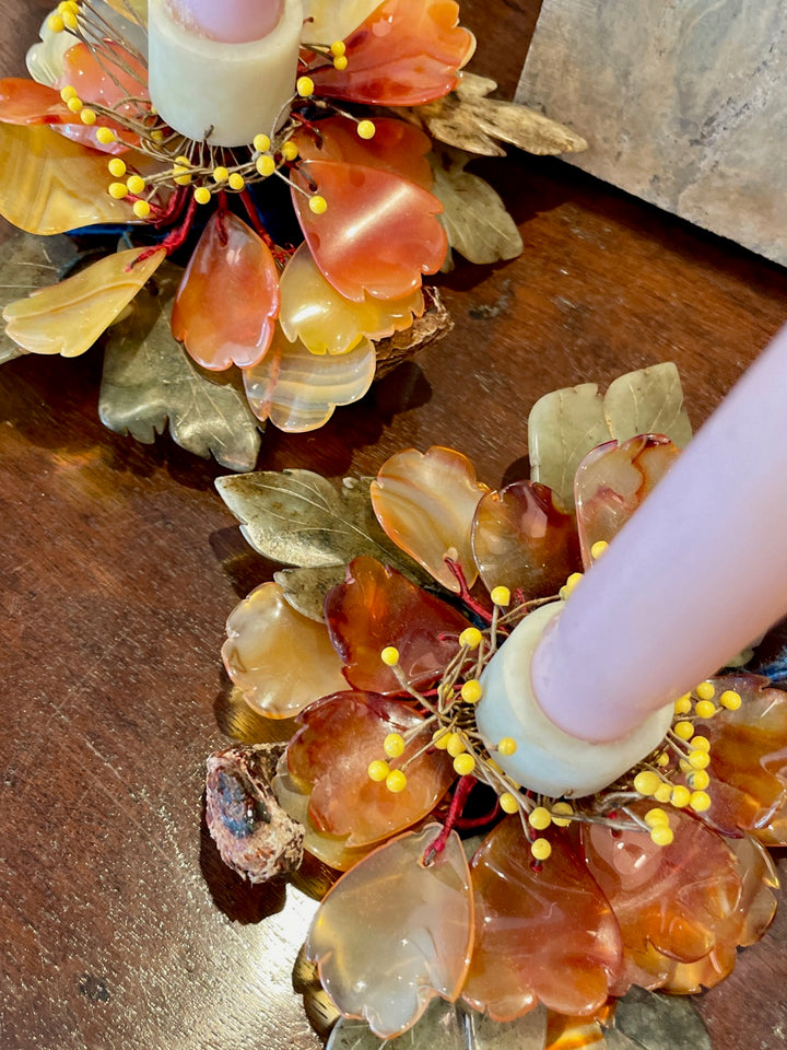 Vintage Carved Jade + Agate Flower Candle Holders w/ Wood Stems | Pair