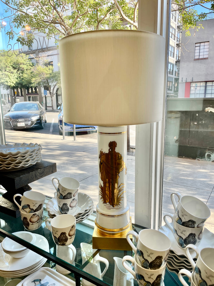 Vintage White Glass Cylinder Lamp with Gold Greek Figure