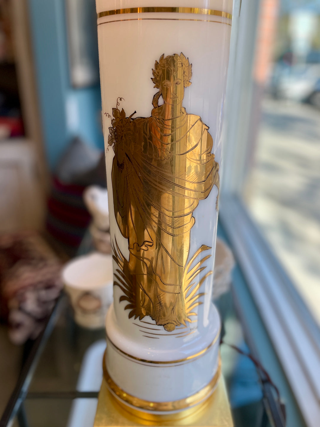 Vintage White Glass Cylinder Lamp with Gold Greek Figure
