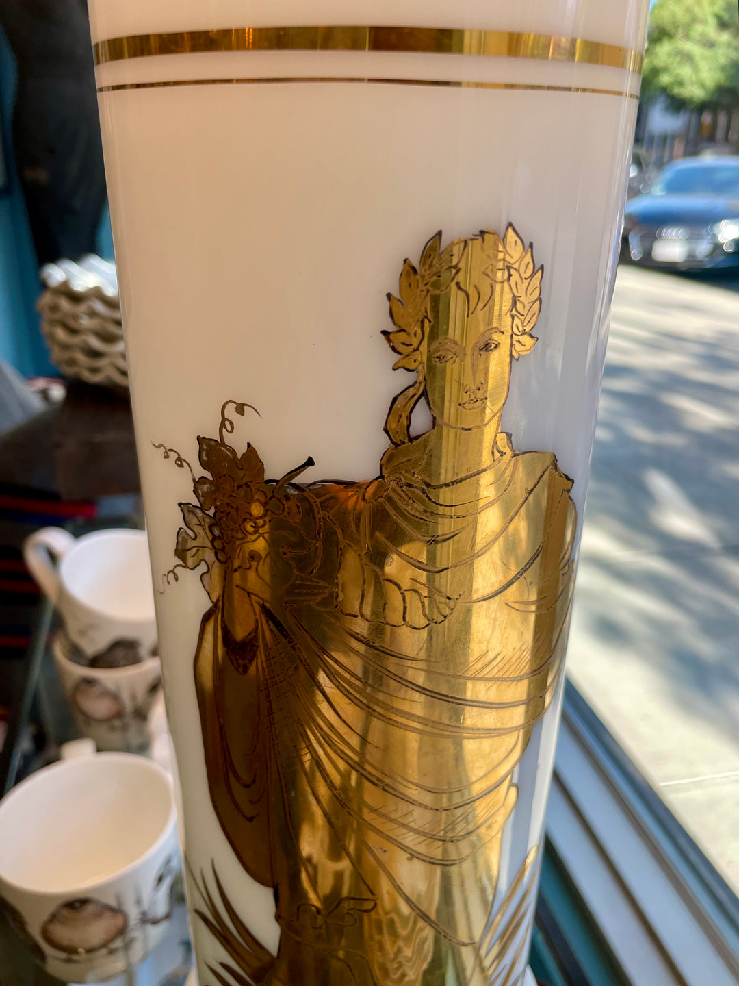 Vintage White Glass Cylinder Lamp with Gold Greek Figure