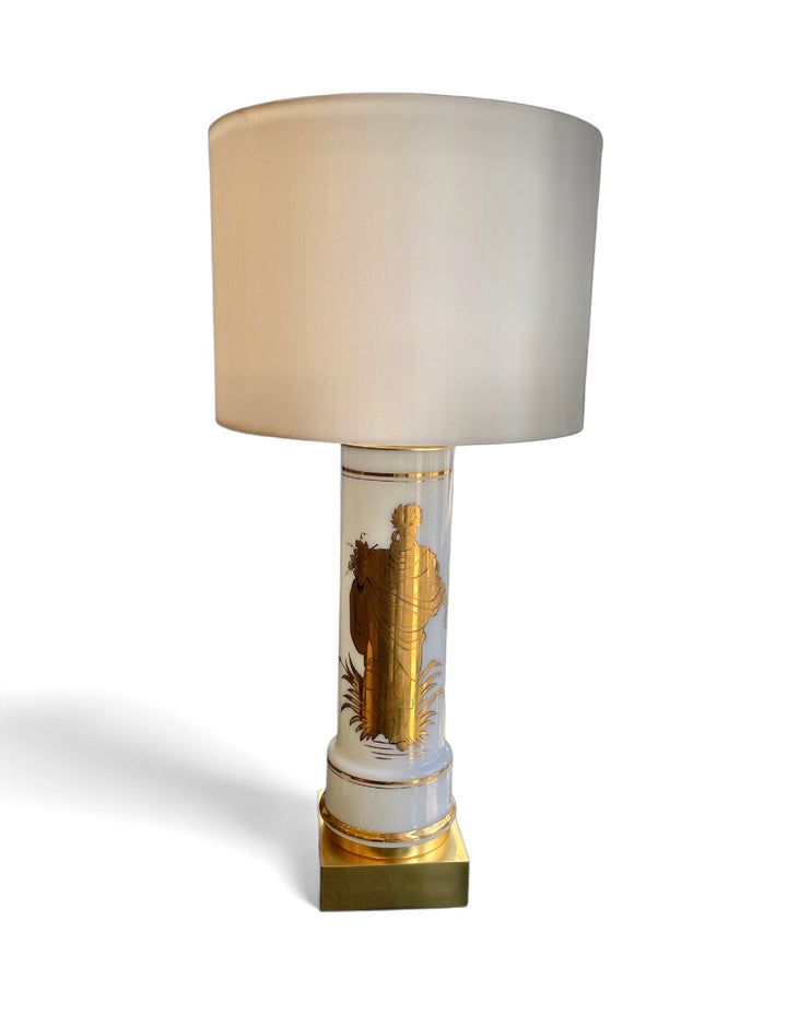 Vintage White Glass Cylinder Lamp with Gold Greek Figure