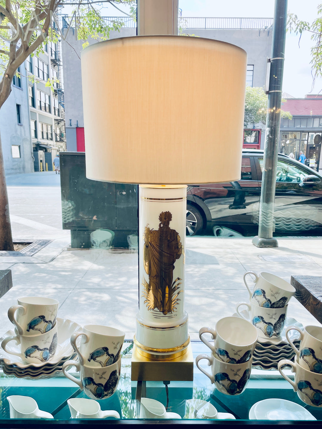 Vintage White Glass Cylinder Lamp with Gold Greek Figure