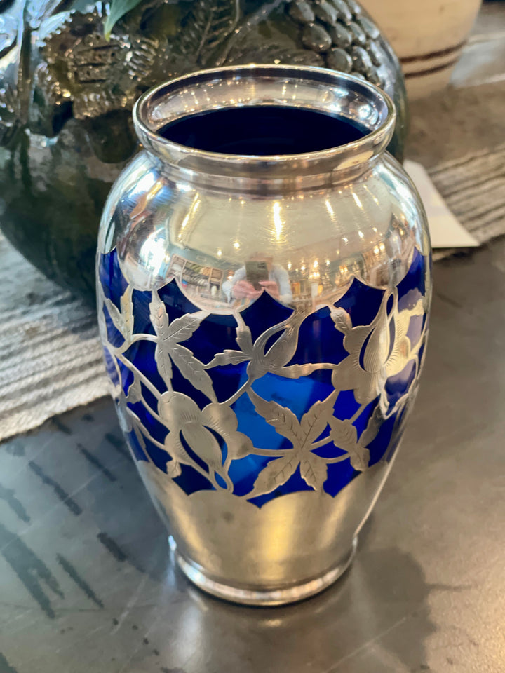 Vintage Cobalt Blue Glass Vase w/ Sterling Overlay