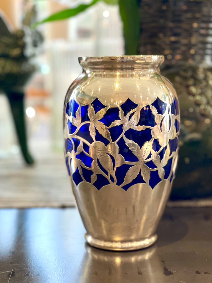 Vintage Cobalt Blue Glass Vase w/ Sterling Overlay