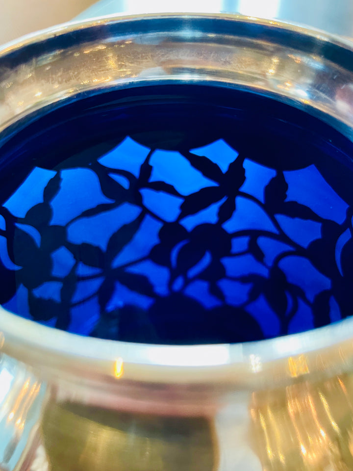 Vintage Cobalt Blue Glass Vase w/ Sterling Overlay