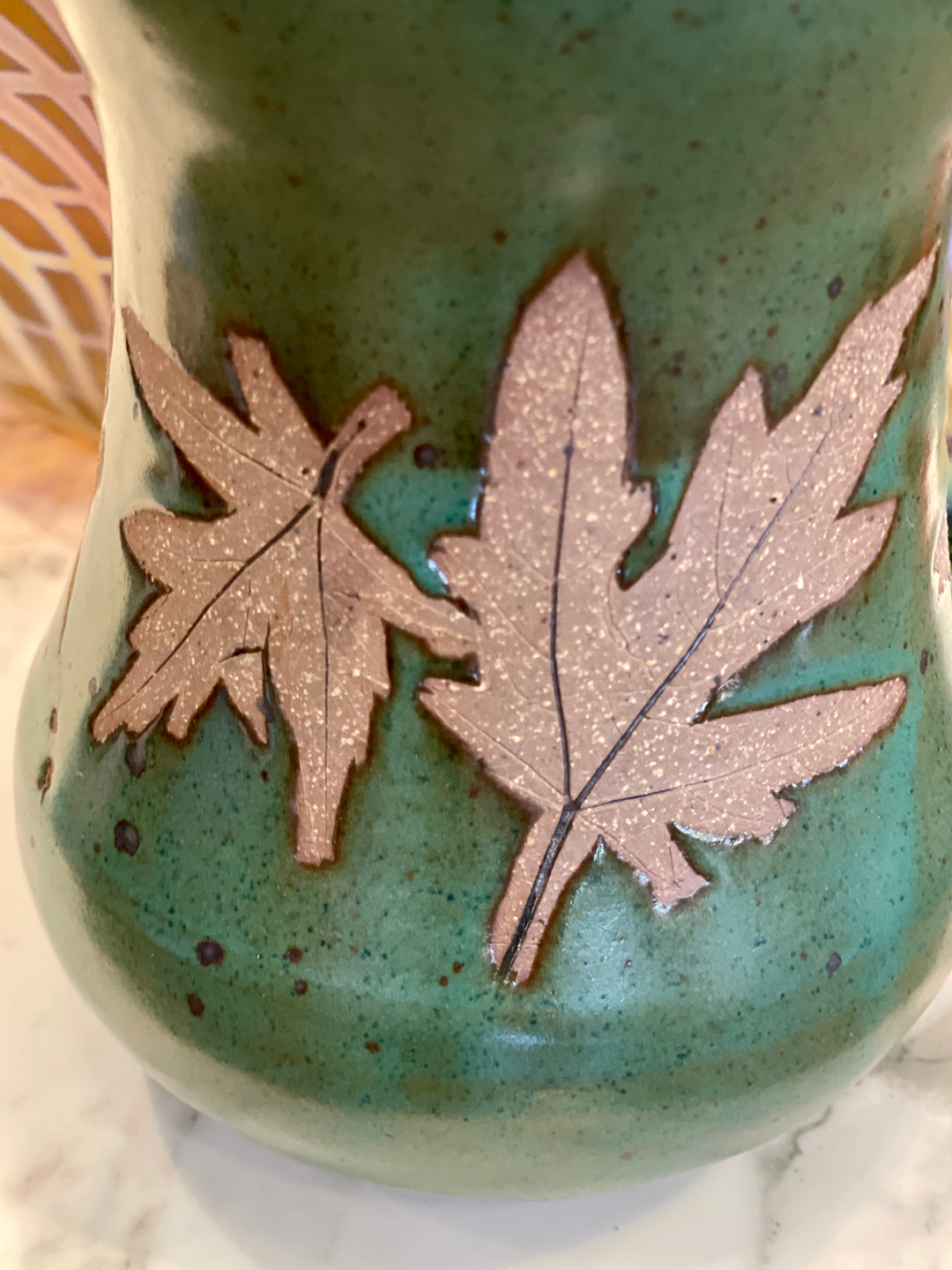 Mid-Century Hand Thrown Green Pottery Vase w/ Maple Leaves