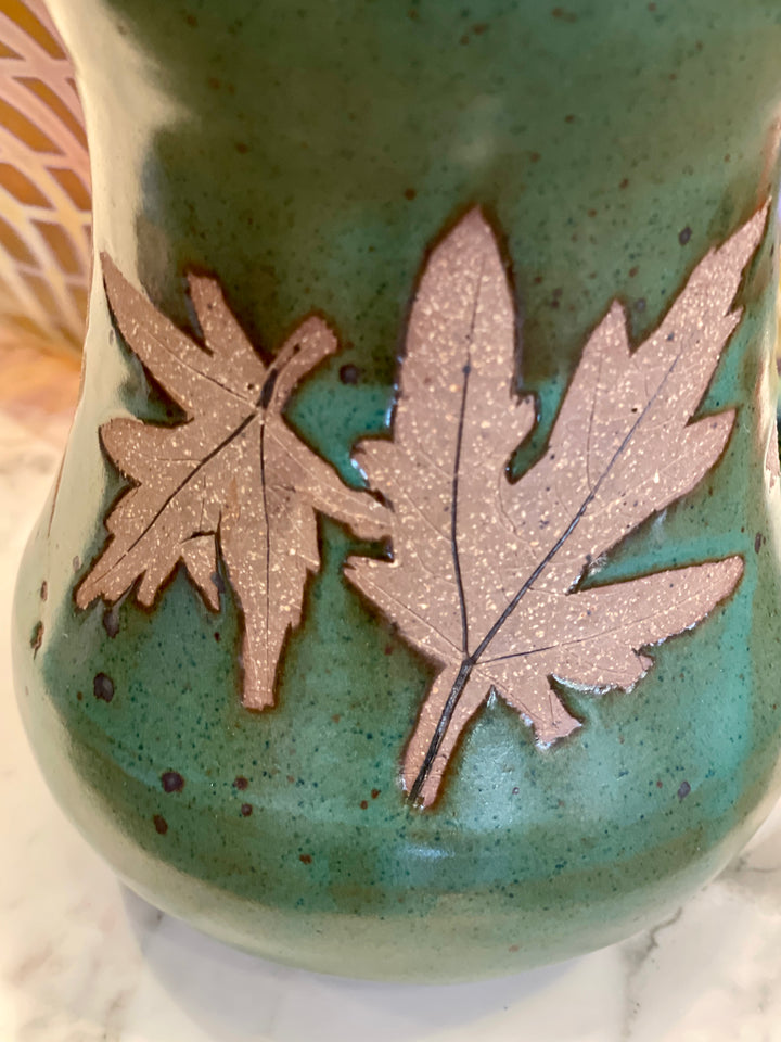 Mid-Century Hand Thrown Green Pottery Vase w/ Maple Leaves