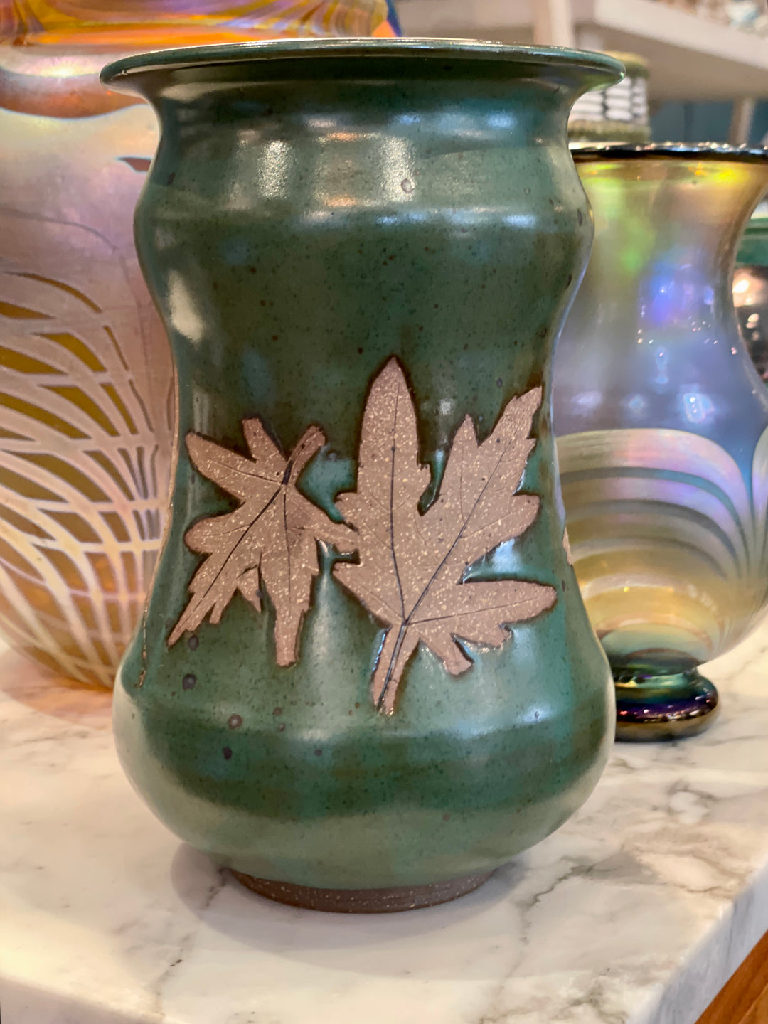 Mid-Century Hand Thrown Green Pottery Vase w/ Maple Leaves