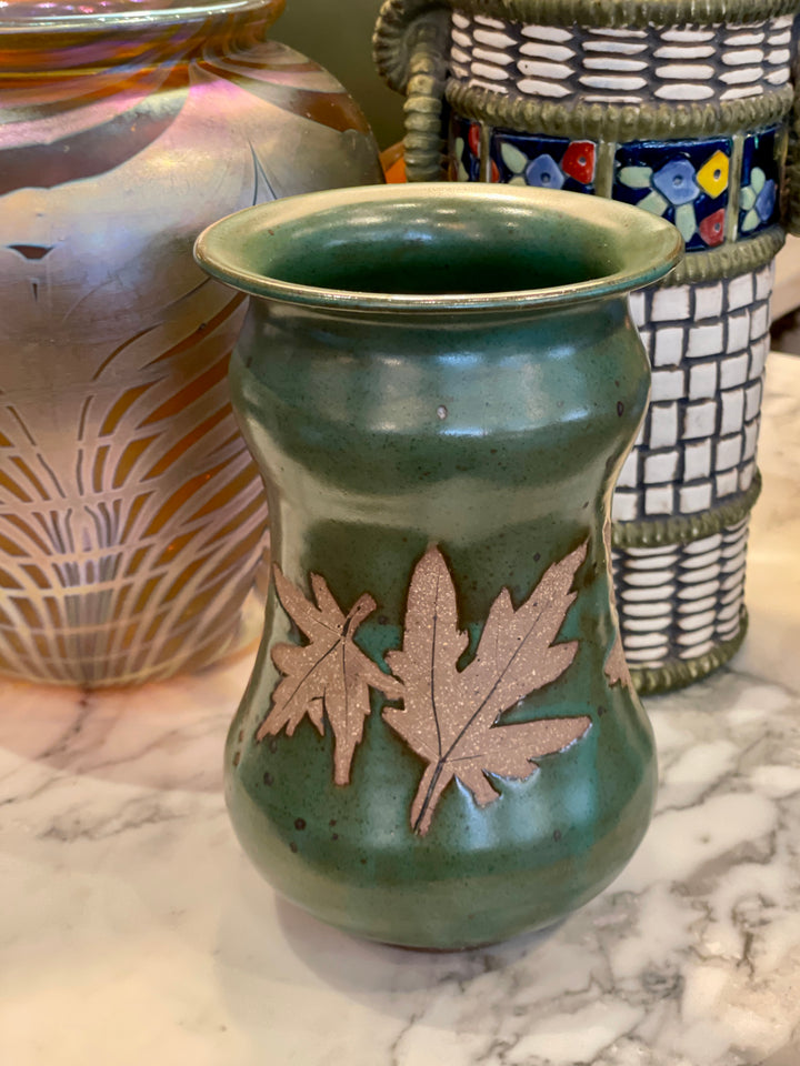 Mid-Century Hand Thrown Green Pottery Vase w/ Maple Leaves