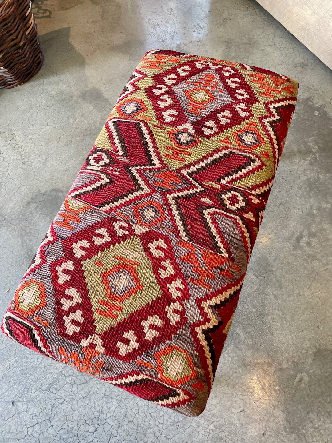 Custom Bench Upholstered in Vintage Turkish Rug with Nailhead Trim