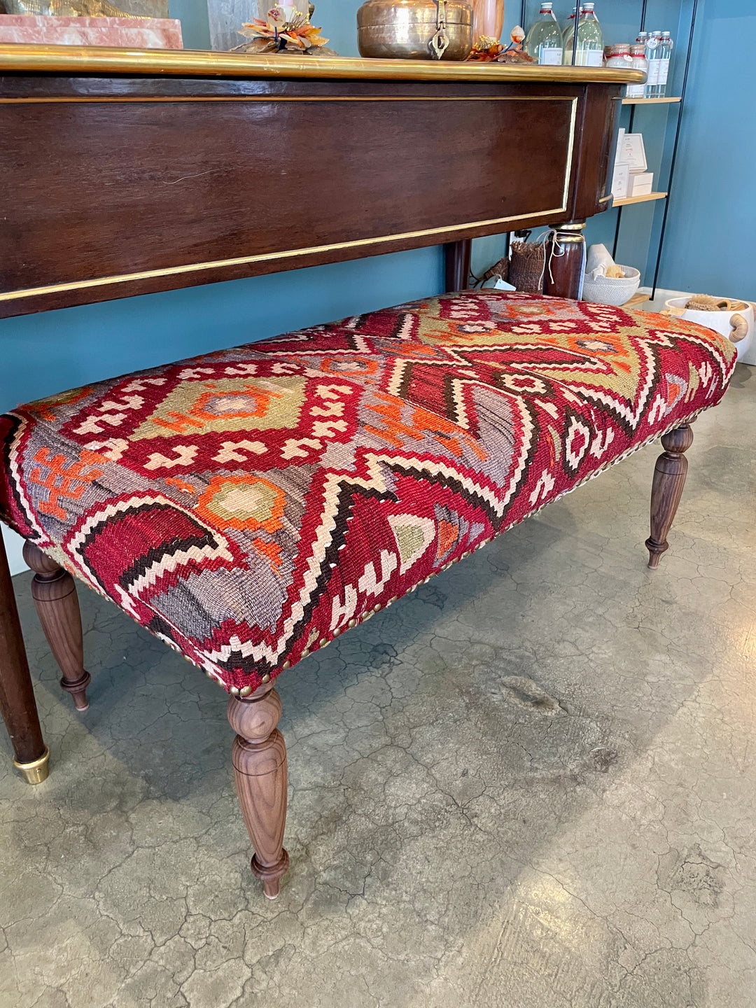 Custom Bench Upholstered in Vintage Turkish Rug with Nailhead Trim