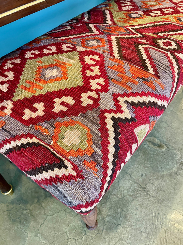 Custom Bench Upholstered in Vintage Turkish Rug with Nailhead Trim