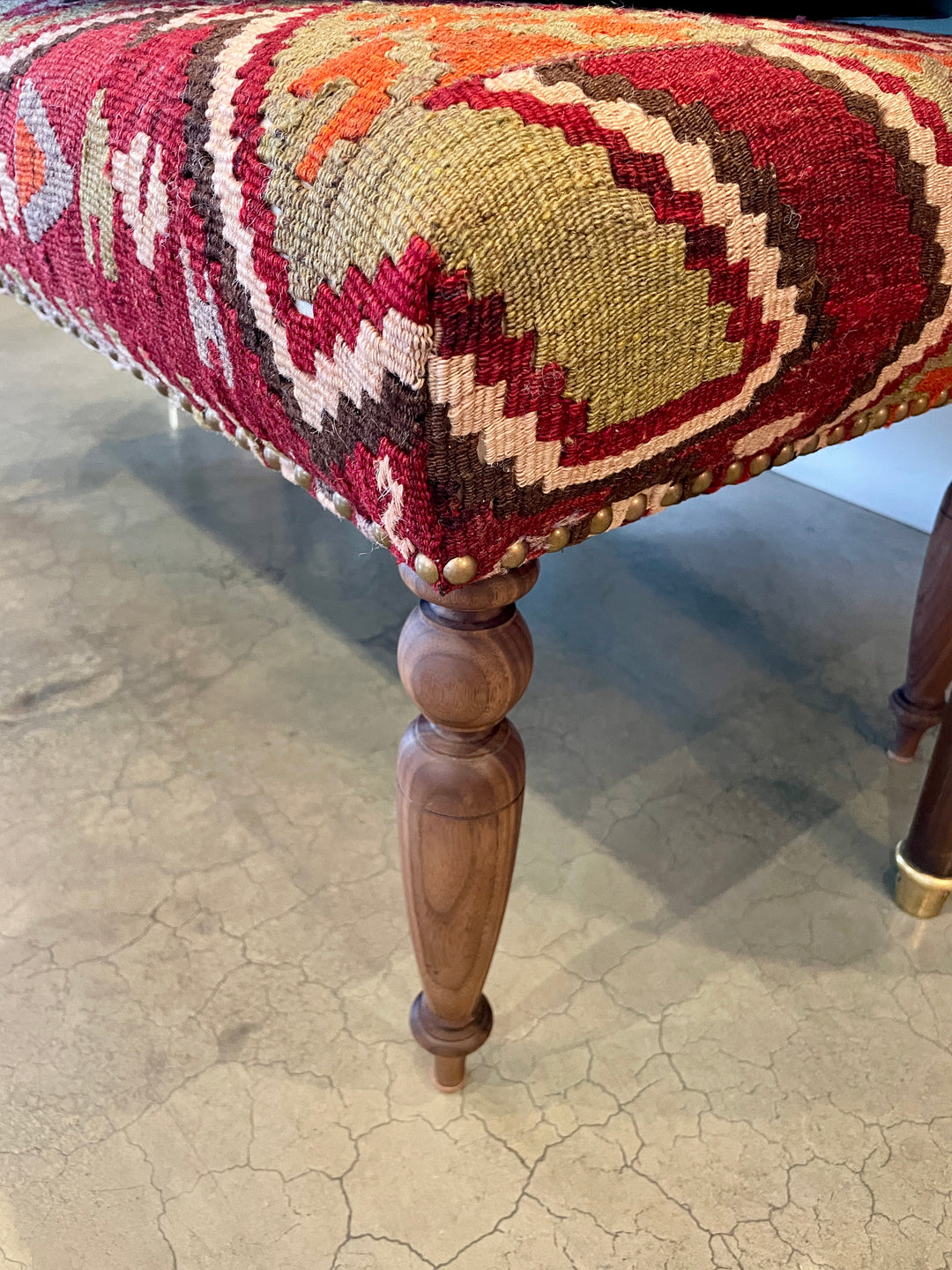Custom Bench Upholstered in Vintage Turkish Rug with Nailhead Trim