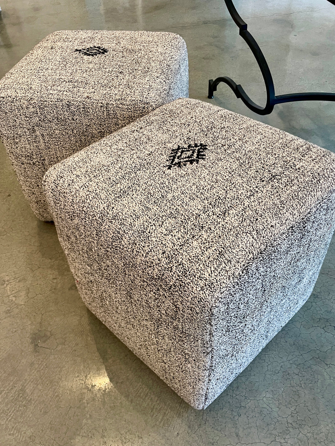 Custom 18" x 18" x 18" Cube Stool, Upholstered in a Vintage Black + Cream Wool Rug, Turkey