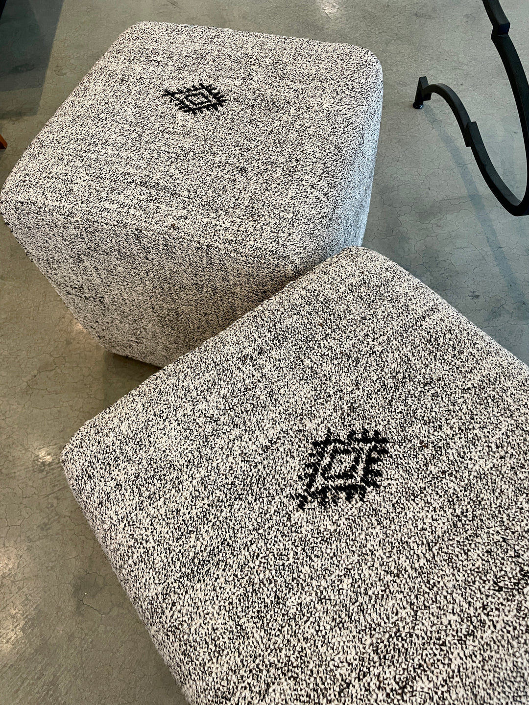 Custom 18" x 18" x 18" Cube Stool, Upholstered in a Vintage Black + Cream Wool Rug, Turkey