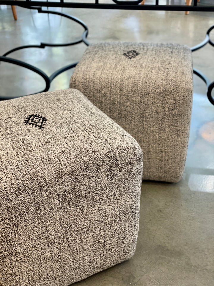 Custom 18" x 18" x 18" Cube Stool, Upholstered in a Vintage Black + Cream Wool Rug, Turkey