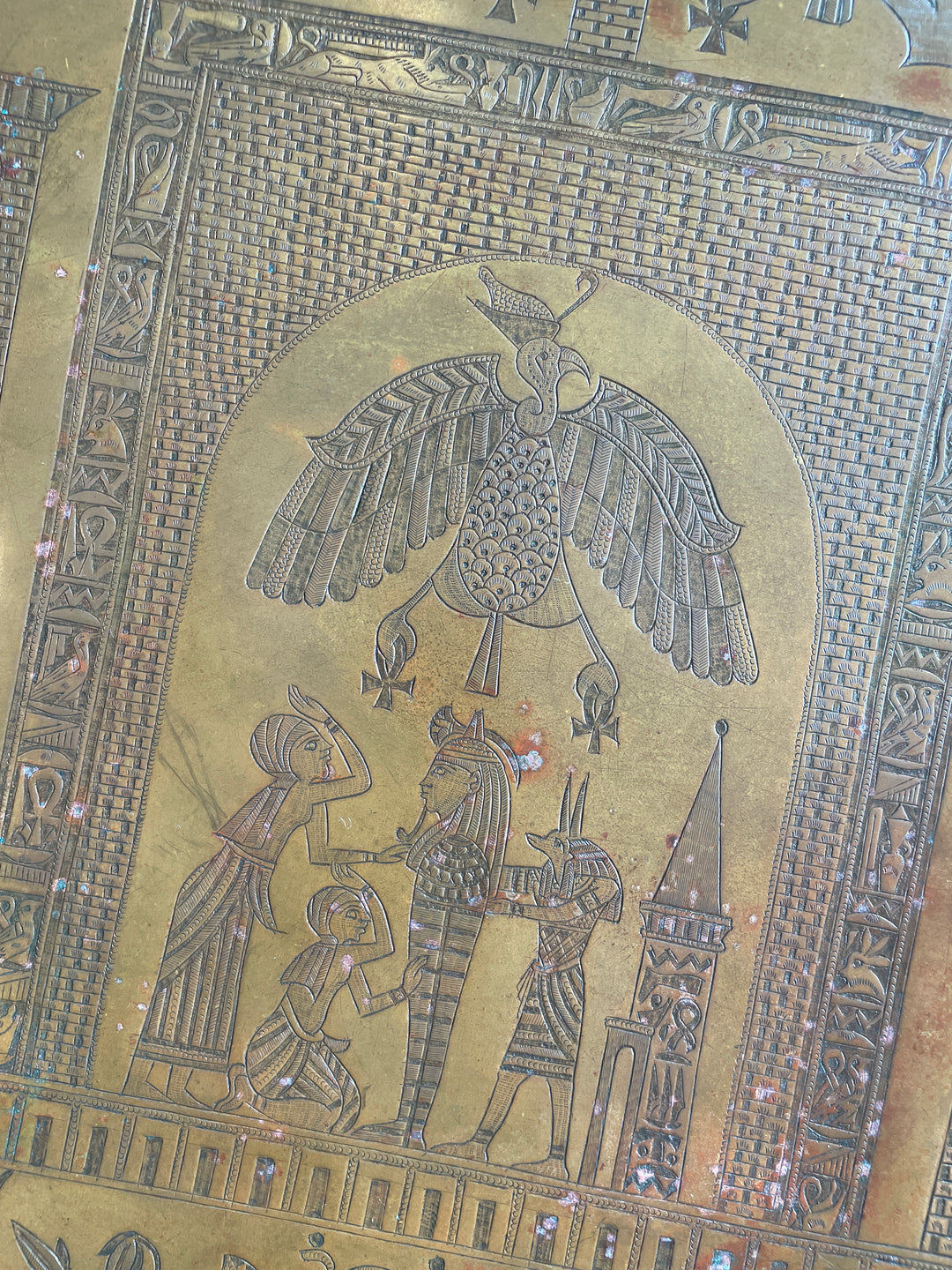 Antique Egyptian Revival Copper Tray with Hieroglyphic Motifs