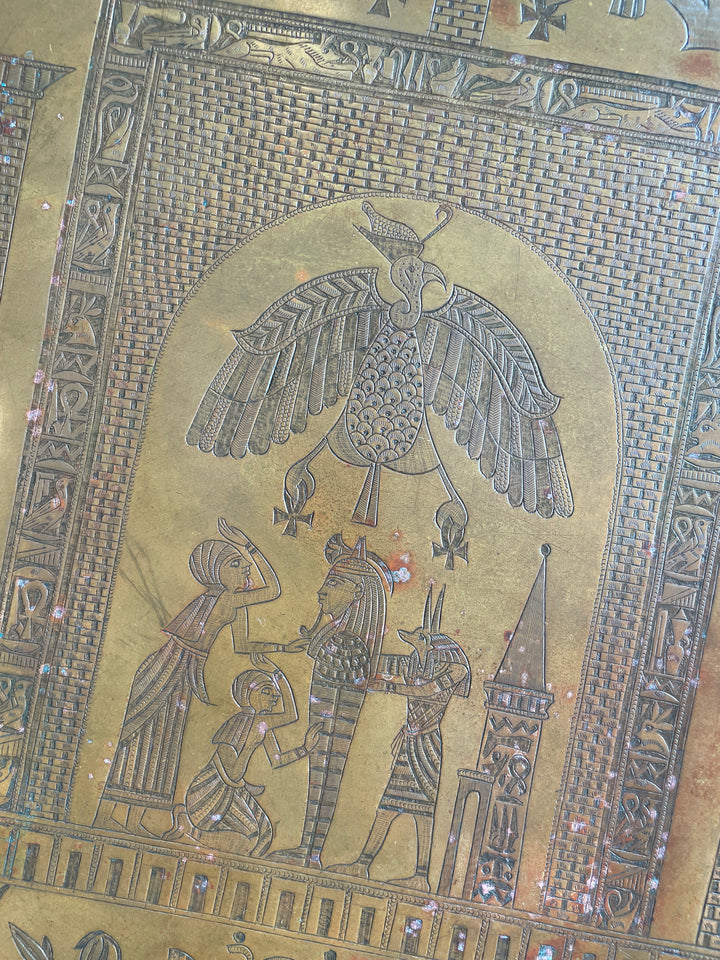 Antique Egyptian Revival Copper Tray with Hieroglyphic Motifs
