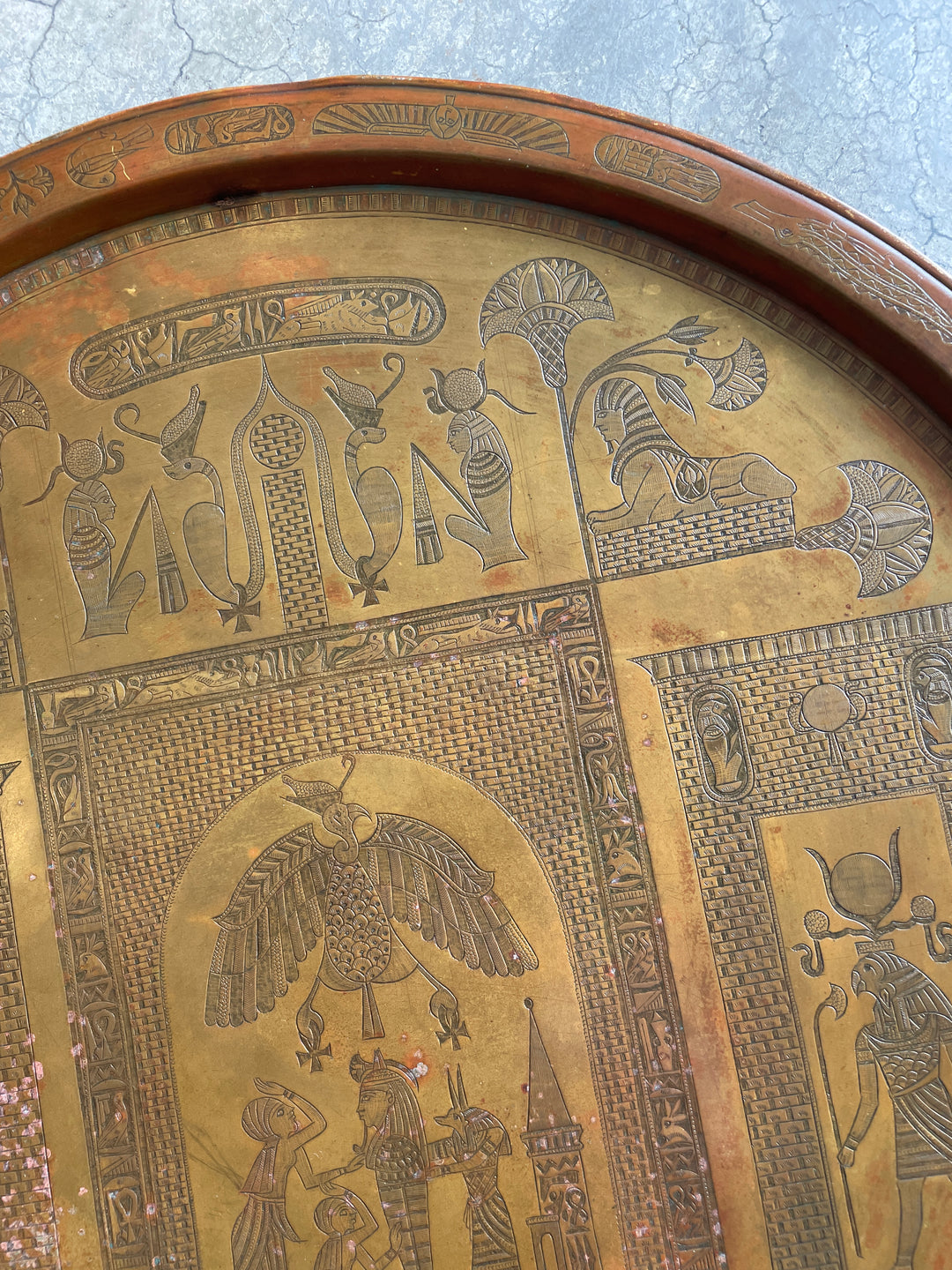 Antique Egyptian Revival Copper Tray with Hieroglyphic Motifs