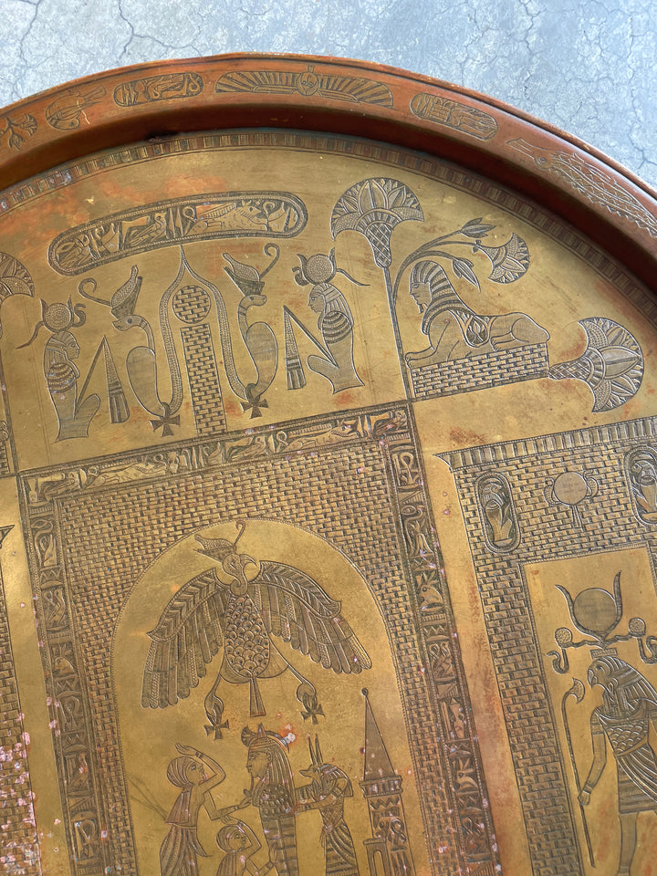 Antique Egyptian Revival Copper Tray with Hieroglyphic Motifs