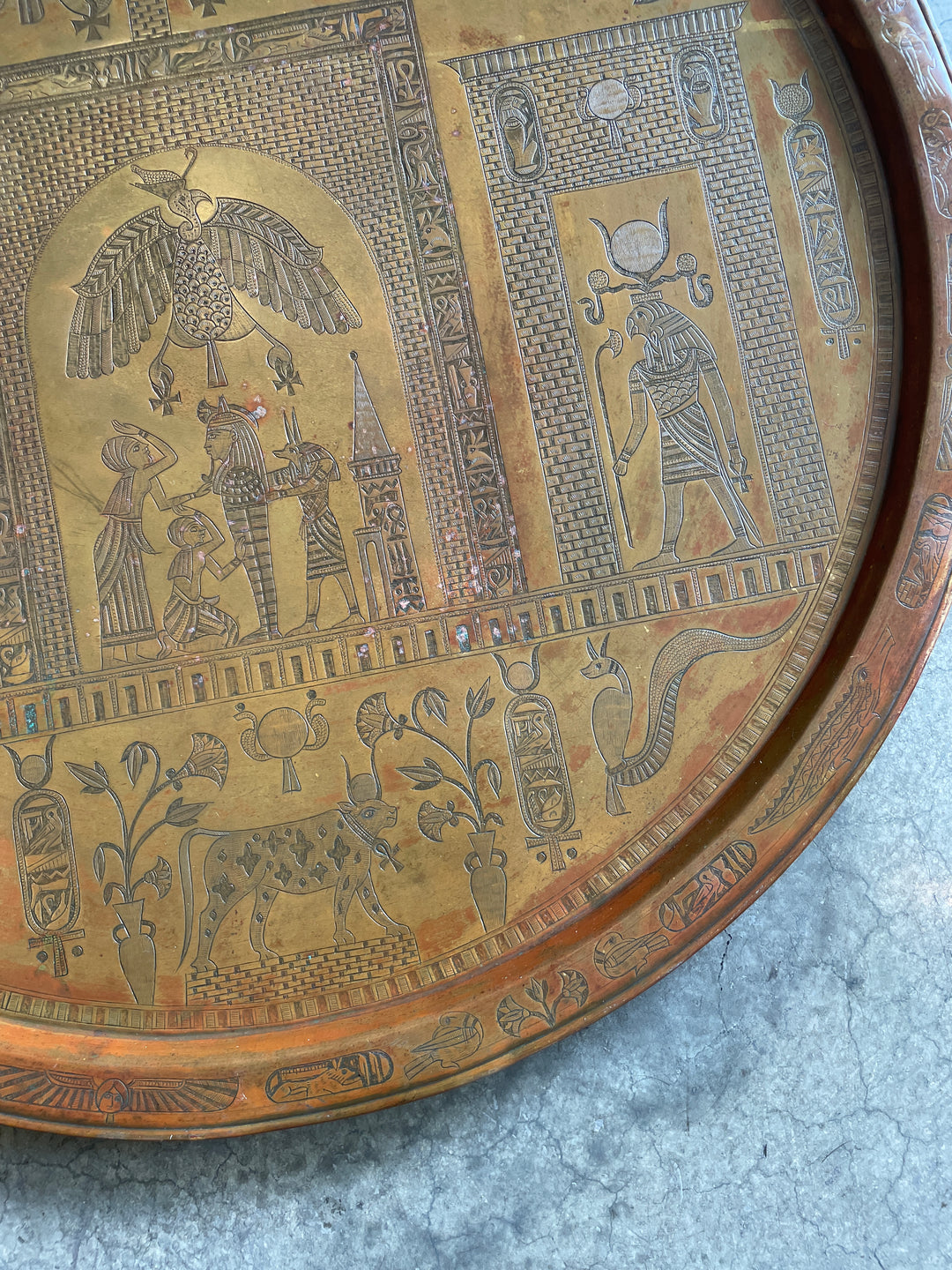 Antique Egyptian Revival Copper Tray with Hieroglyphic Motifs