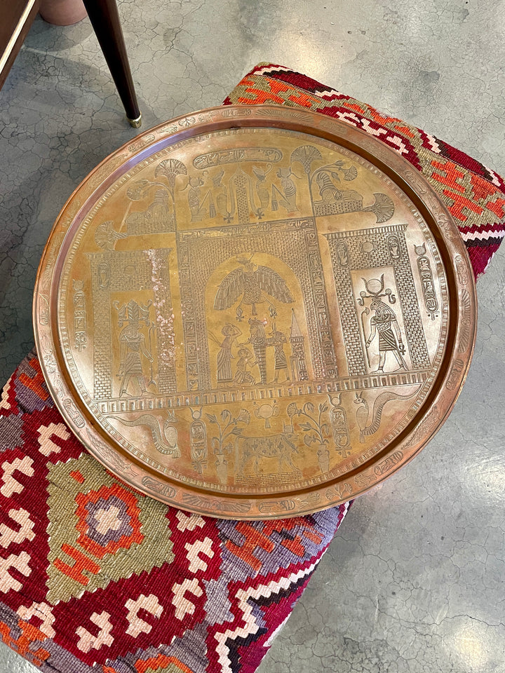 Antique Egyptian Revival Copper Tray with Hieroglyphic Motifs