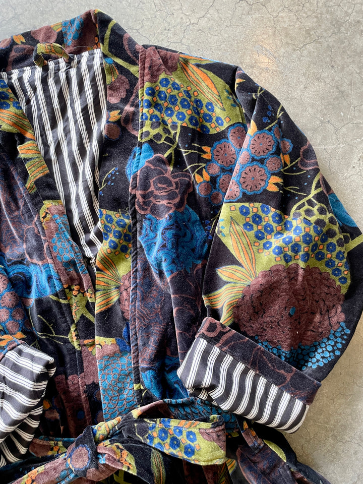 Custom Hand Printed Cotton Velvet Robe | Muted Black II