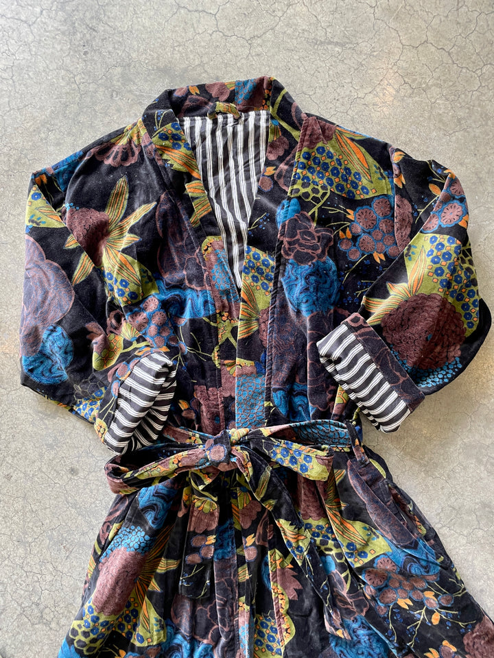 Custom Hand Printed Cotton Velvet Robe | Muted Black II