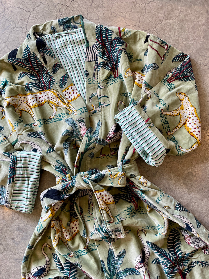Custom Hand Printed Cotton Velvet Robe | Sage Safari