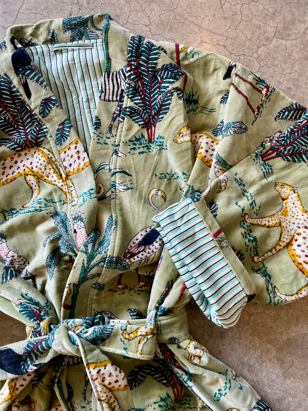 Custom Hand Printed Cotton Velvet Robe | Sage Safari