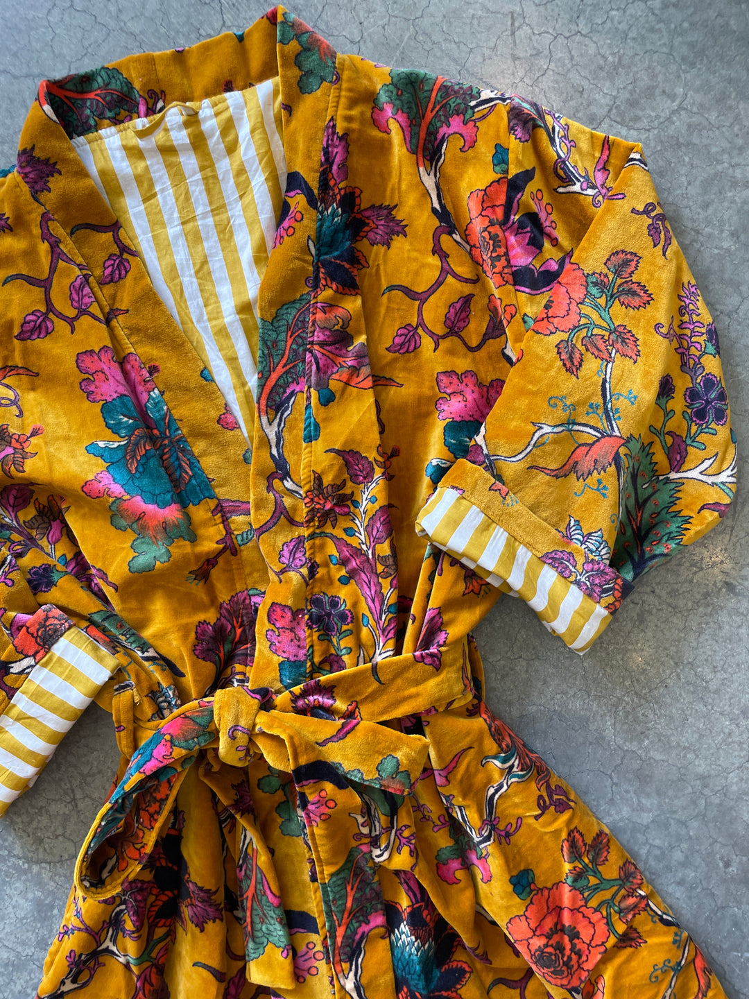 Custom Hand Printed Cotton Velvet Robe | Tumeric Flower